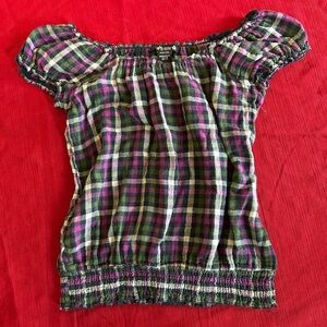 Purple and green plaid cotton off the shoulder top